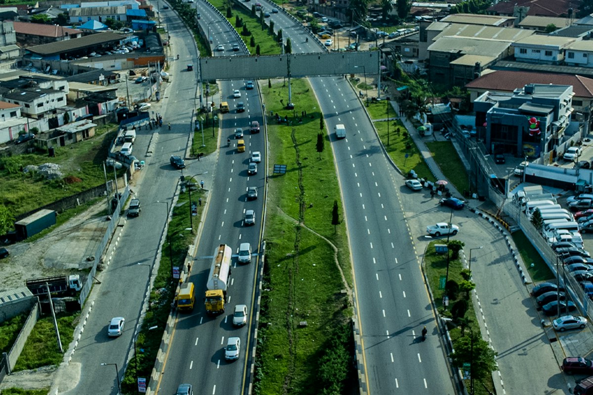 Aerial view of a highway in Lagos, Nigeria. Reference photograph, not the inaugurated Abuja-Kaduna section.